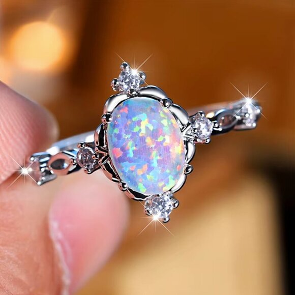 NEW 14k White Gold White Fire Opal Diamond Ring Band - Picture 2 of 6